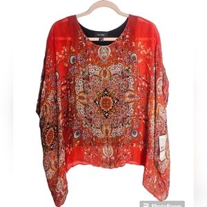 Karen Kane women's layered scarf top colour orange print size XS